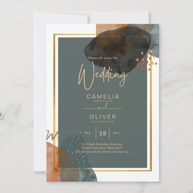 Invitación Leahg TONOS DE TIERRA VERDE AZULADA BODA INVITAR C (Anverso)