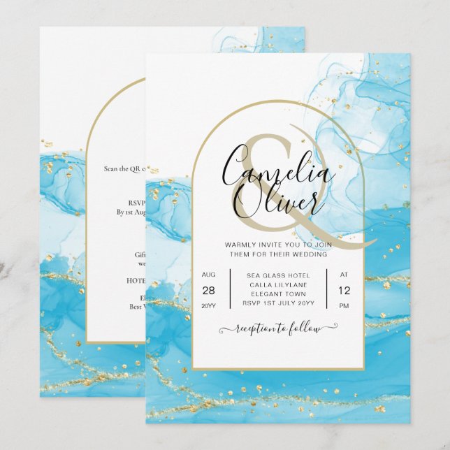 Invitación LeahG Turquoise Gold Aqua Blue Wedding INVITE (Anverso / Reverso)
