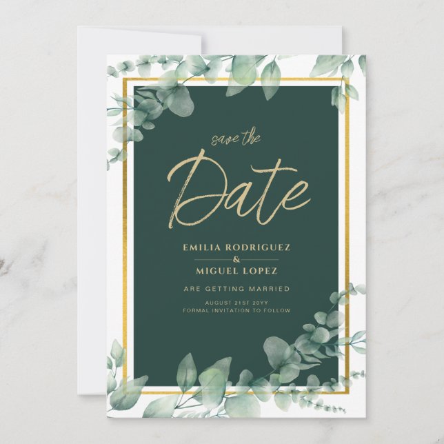 Invitación LeahG Verde de Eucalipto Dorado CODIGO QR BODAS (Anverso)
