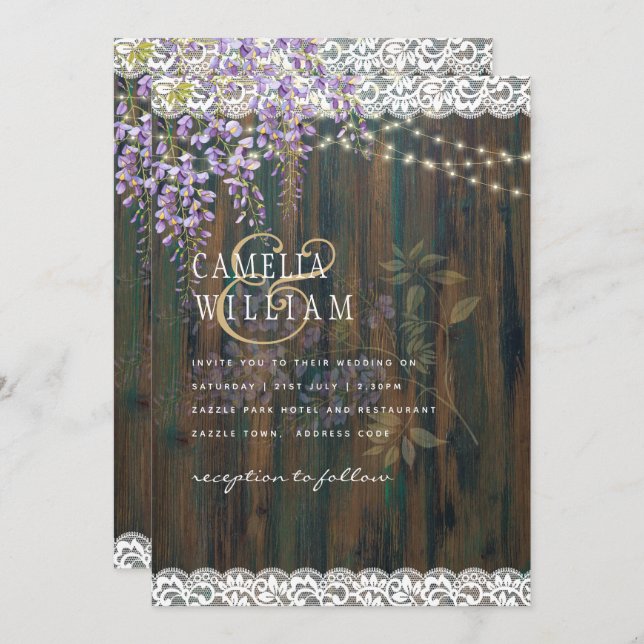 Invitación LeahG WISTERIA Púrpura Encaje Rústico Boda (Anverso / Reverso)