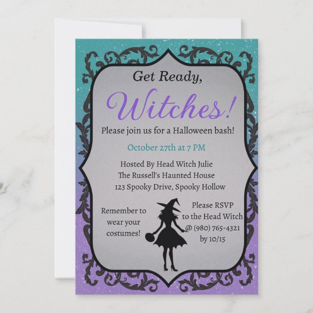 Invitación ¡Lean, brujas! Halloween Party (Anverso)