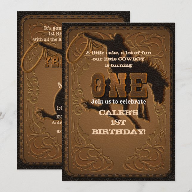Invitación Leather Western Wild West Cowboy Un primer cumplea (Anverso / Reverso)