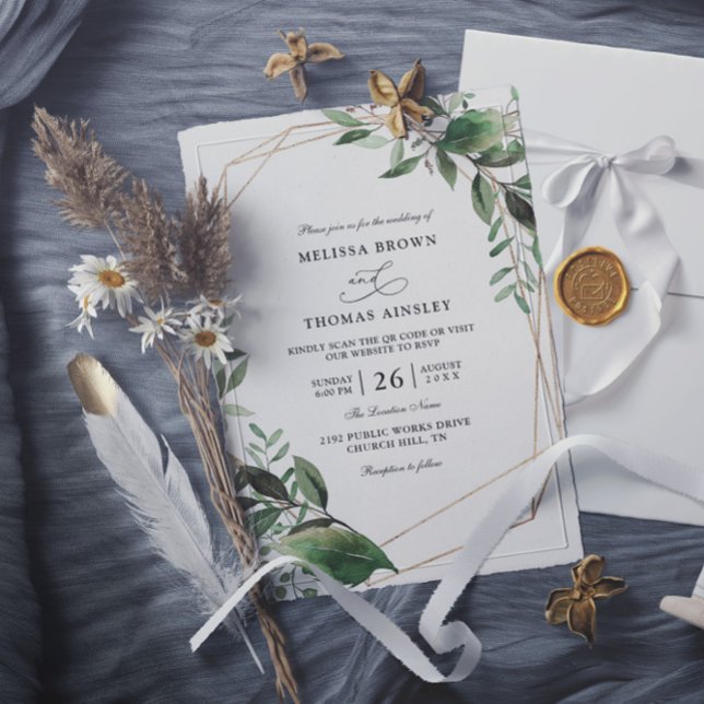 Invitación Leaves Eucalyptus Gold Budget QR Code Wedding (Subido por el creador)