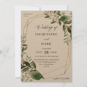 Invitación Leaves y Eucalyptus Gold Boda Kraft