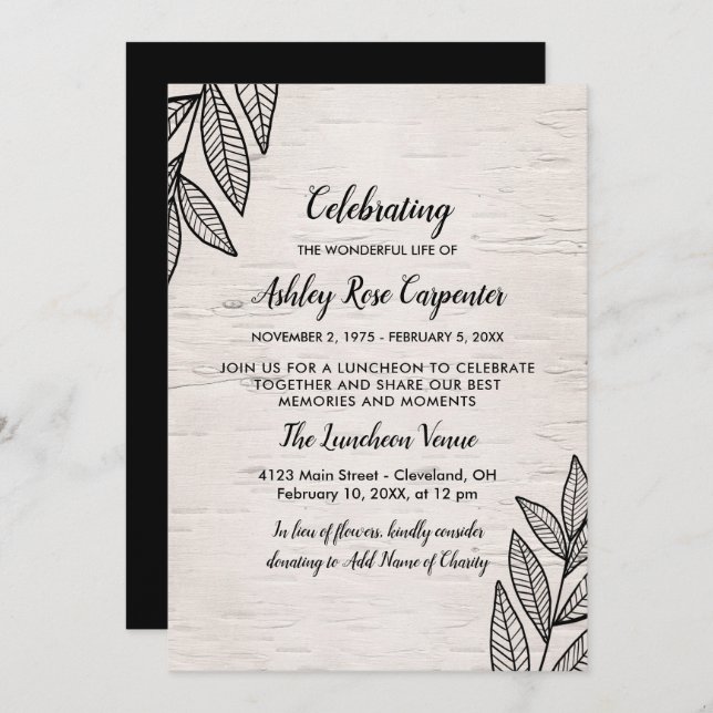 Invitación Leaves y pájaros - Conmemoración de la vida (Anverso / Reverso)