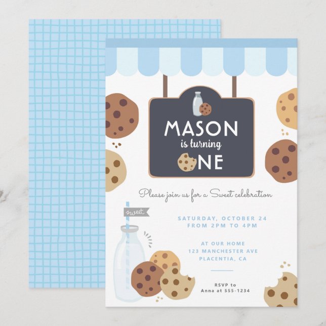 Invitación Leche azul y cookies Niños de primer cumpleaños (Anverso / Reverso)