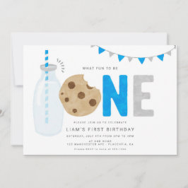 Invitación Leche azul y cookies Primer cumpleaños Mínimo