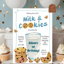 Invitación Leche azul y galletas primer niño cumpleaños