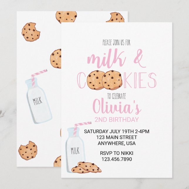 Invitación Leche chica y galletas cumpleaños rosado (Anverso / Reverso)