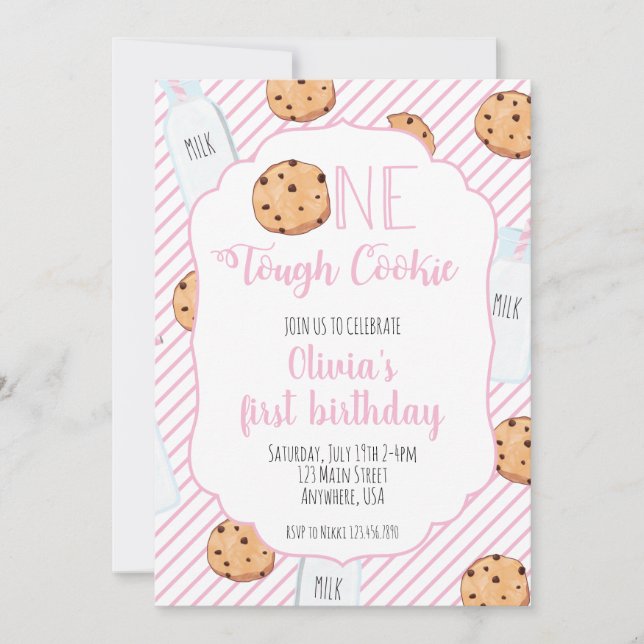 Invitación Leche chica y galletas rosadas primer cumpleaños (Anverso)