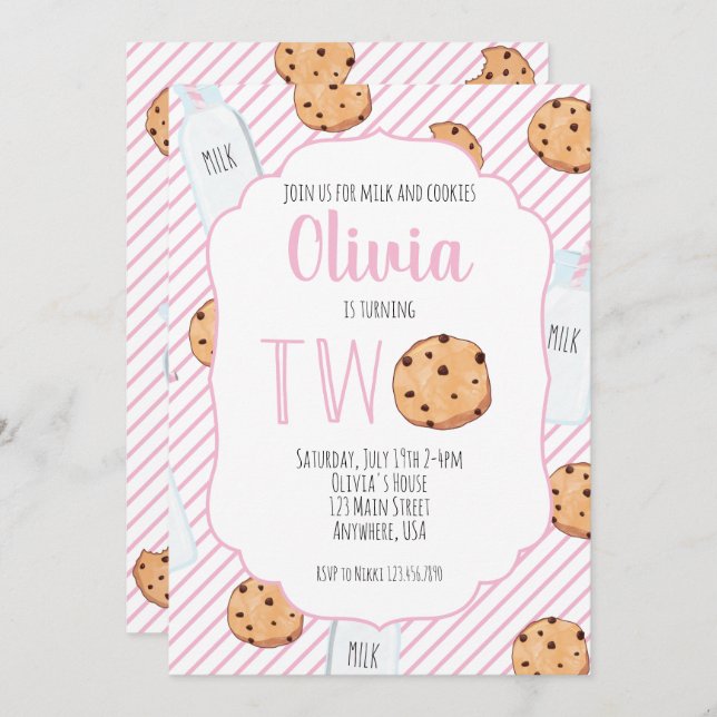 Invitación Leche chica y galletas rosadas segundo cumpleaños (Anverso / Reverso)