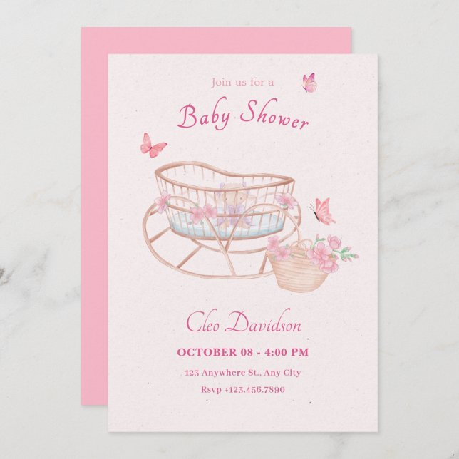 Invitación Leche de bebé rosa suave y florida (Anverso / Reverso)