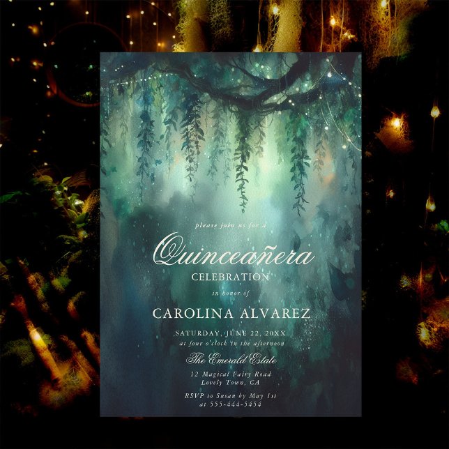 Invitación Leche de bosque encantada alumbra Qinceanera mágic (enchanted forest quinceanera invitation card template watercolor vines fairy lights elegant classy)