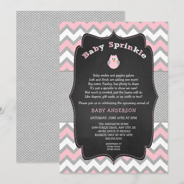 Invitación Leche de búho rosa, ducha de bebé chica (Anverso / Reverso)