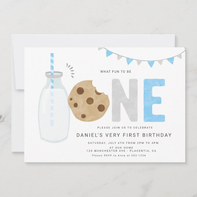 Invitación Leche minimalista y cookies Primer cumpleaños (Anverso)