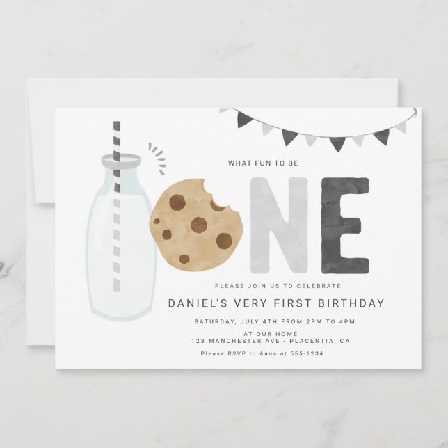 Invitación Leche minimalista y cookies Primer cumpleaños (Anverso)