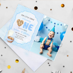 Invitación Leche y galletas azul foto Fiesta de primer cumple