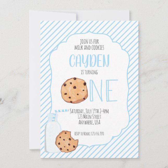 Invitación Leche y galletas azul niño primer cumpleaños (Anverso)