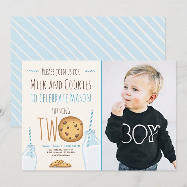 Invitación Leche y galletas azul segundo cumpleaños (Anverso / Reverso)