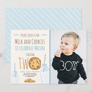 Invitación Leche y galletas azul segundo cumpleaños
