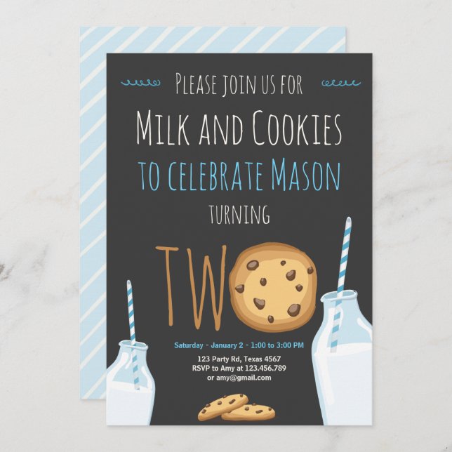 Invitación Leche y galletas azul segundo cumpleaños (Anverso / Reverso)