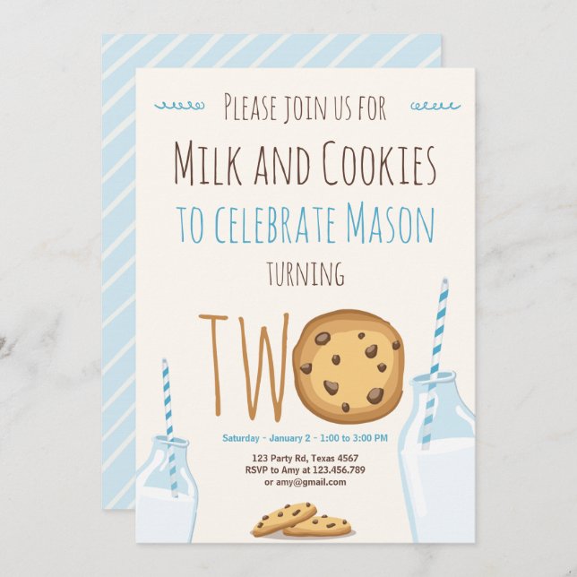 Invitación Leche y galletas azul segundo cumpleaños (Anverso / Reverso)