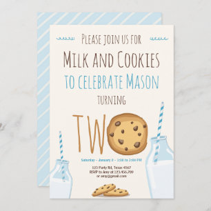 Invitación Leche y galletas azul segundo cumpleaños