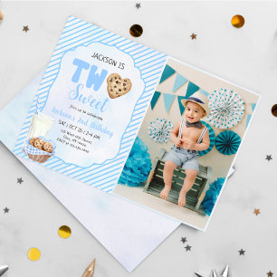 Invitación Leche y galletas azules Dos dulces fotos de cumple