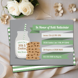 Invitación Leche y galletas Baby Shower franja verde moderna