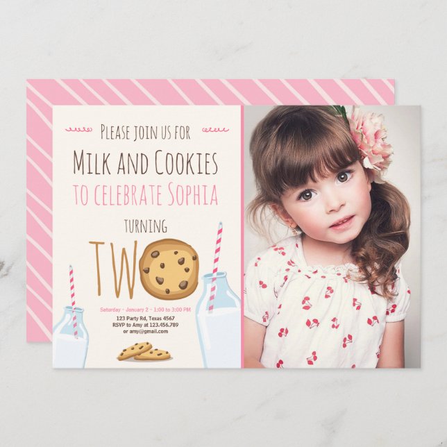 Invitación Leche y galletas Chica rosado segundo cumpleaños (Anverso / Reverso)