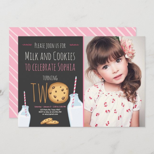 Invitación Leche y galletas Chica rosado segundo cumpleaños (Anverso / Reverso)