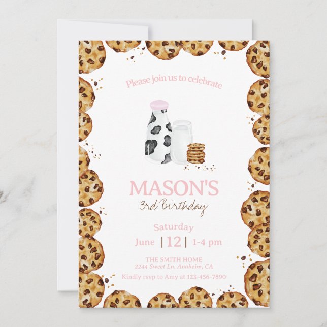 Invitación Leche y galletas crujiente fiesta de cumpleaños ro (Anverso)