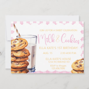 Invitación Leche y galletas Cumpleaños Chica de Plata Rosa