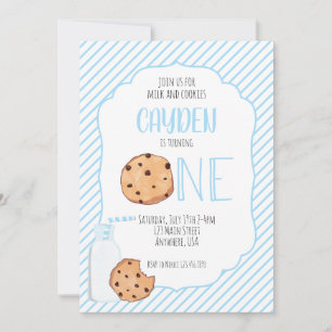 Invitación Leche y Galletas niño azul primer Cumpleaños