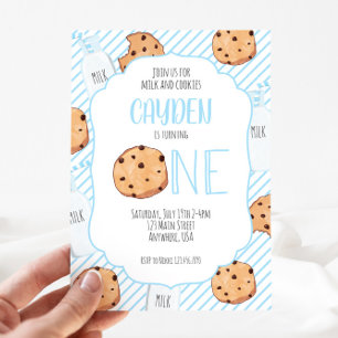 Invitación Leche y Galletas niño azul primer Cumpleaños