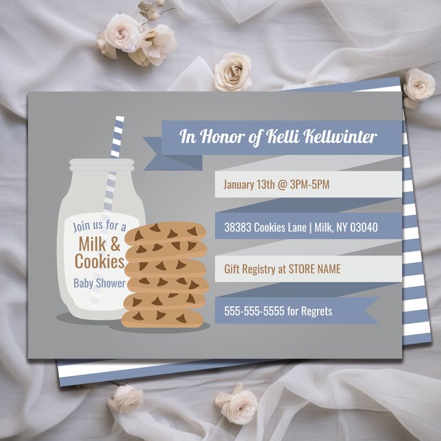 Invitación Leche y galletas Tema de rayas azules de Baby Show (Milk and Cookies Baby Shower Blue Striped Theme Invitation)