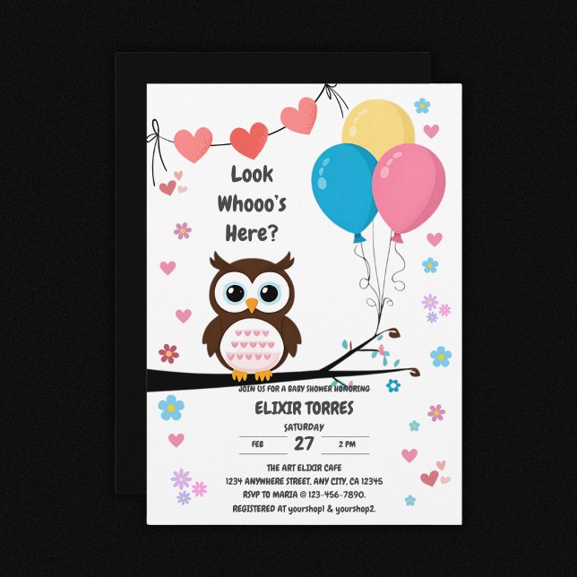 Invitación Lechuza Adorable con Baby Shower de globos y coraz (Subido por el creador)