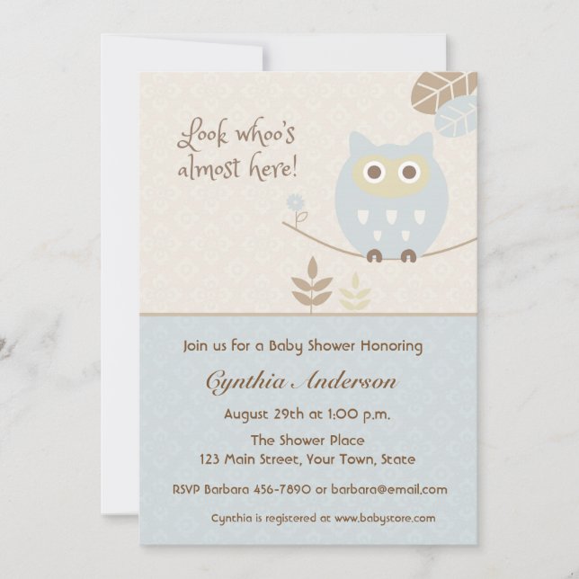 Invitación Lechuza azul, Baby Shower para niño (Anverso)