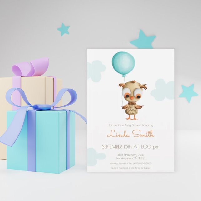 Invitación Lechuza bebé con Baby Shower neutro en globo (Subido por el creador)