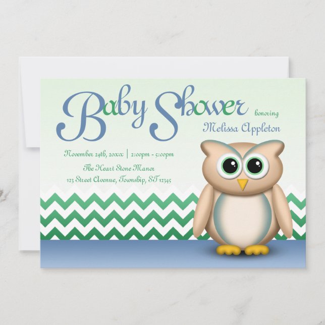 Invitación Lechuza Cuta - Baby Shower Chevron Azul y Verde (Anverso)