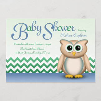 Invitación Lechuza Cuta - Baby Shower Chevron Azul y Verde