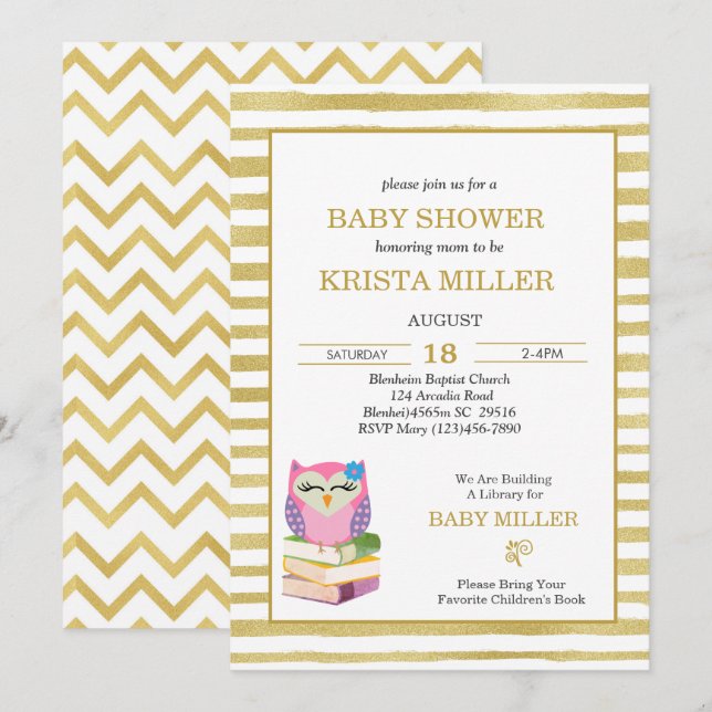 Invitación Lechuza De Oro Rosa Trae Un Baby Shower De Libro (Anverso / Reverso)