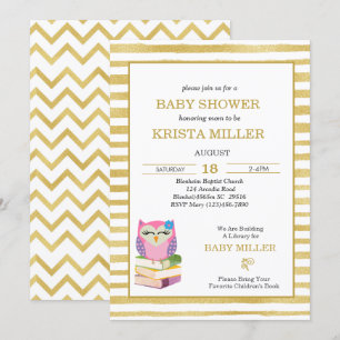 Invitación Lechuza De Oro Rosa Trae Un Baby Shower De Libro