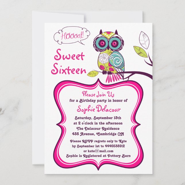 Invitación Lechuza Floral Retro Dulce Rosado Caliente Diecisé (Anverso)