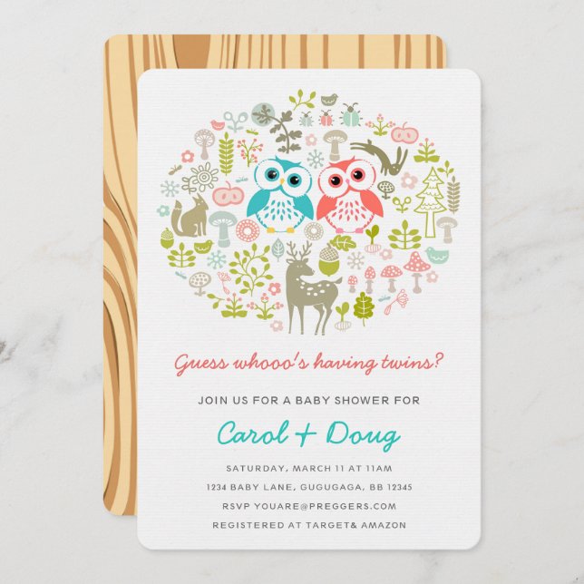 Invitación Lechuza gemela Baby Shower invita a niño Gril (Anverso / Reverso)