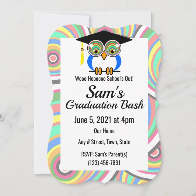 Invitación Lechuza Graduada - Diversión, Colorido, Celebració (Anverso)