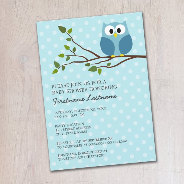 Invitación Lechuza linda en la ducha de un niño pequeño azul  (Cute Woodland Owl Baby Shower Invitation - Pastel Blue Polka Dots)