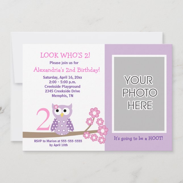 Invitación Lechuza morada *FOTO* Cumpleaños 5x7 (Anverso)
