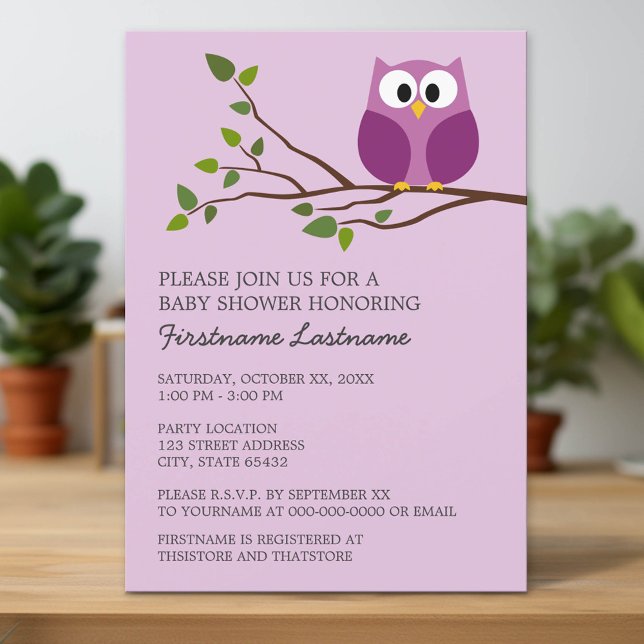 Invitación Lechuza púrpura en la rama de la ducha de niñas (Custom Invitation with Download Option)