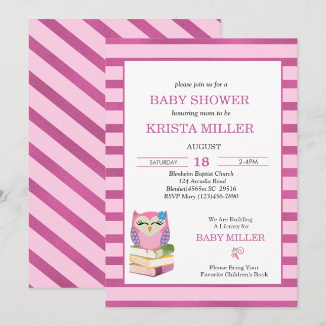 Invitación Lechuza Púrpura Rosa Trae Un Baby Shower De Libros (Anverso / Reverso)